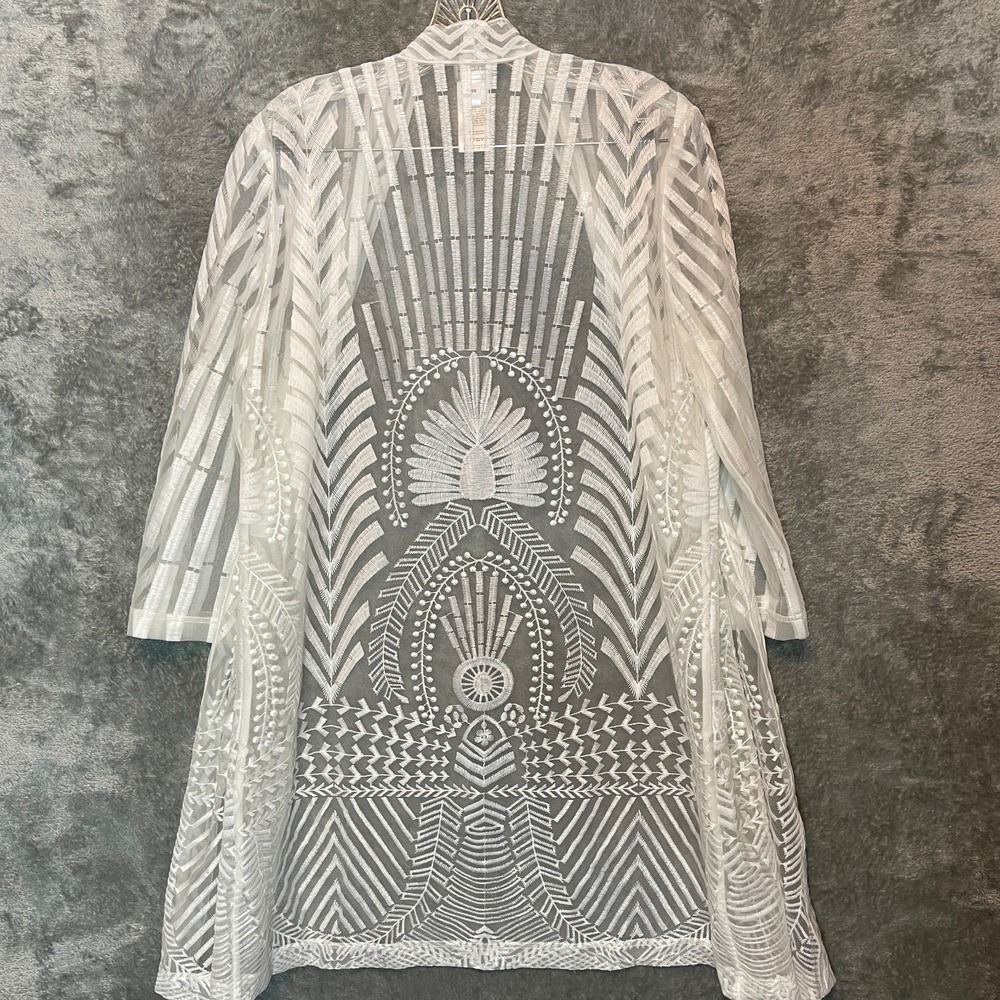 Chicos Women Sheer Embroidered Kimono Duster 2-12 Boho Coastal Applique Traveler - Picture 4 of 10